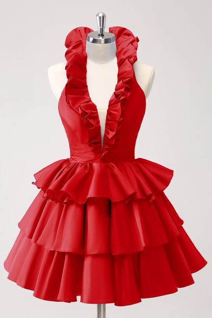 Load image into Gallery viewer, Red A-Line Halter Tiered Homecoming Dress with Ruffles