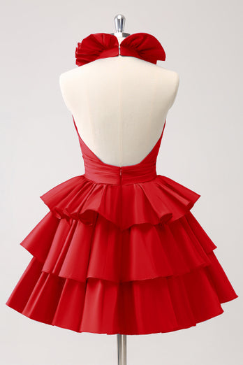 Red A-Line Halter Tiered Homecoming Dress with Ruffles