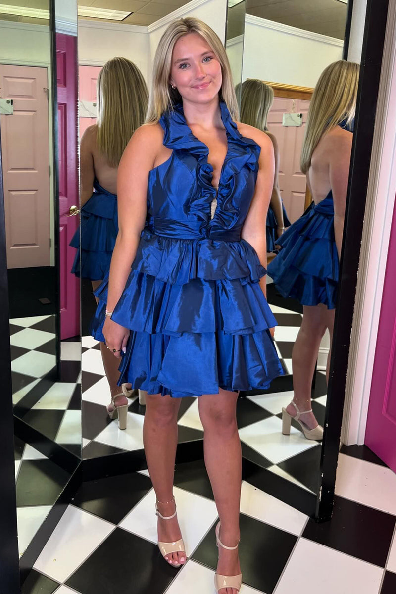 Load image into Gallery viewer, A-Line Royal Blue Halter Tiered Homecoming Dress with Ruffles