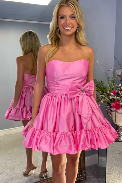 A-Line Pink Strapless Short Homcoming Dress with Bow