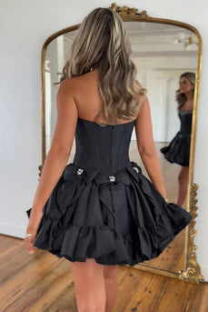 A-Line Black Strapless Beaded Homecoming Dress with Ruffles