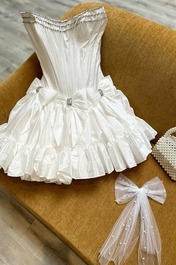 A-Line White Bateau Neck Short Homecoming Dress with Ruffles