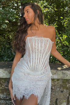 White Strapless Tight Corset Short Homecoming Dress with Lace-up Back