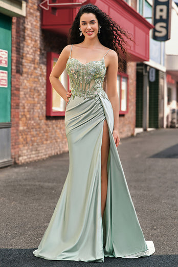 Sparkly Sage Spaghetti Straps Satin Long Corset Prom Dress With Slit