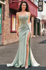 Load image into Gallery viewer, Sparkly Sage Spaghetti Straps Satin Long Corset Prom Dress With Slit