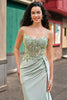 Load image into Gallery viewer, Sparkly Sage Spaghetti Straps Satin Long Corset Prom Dress With Slit