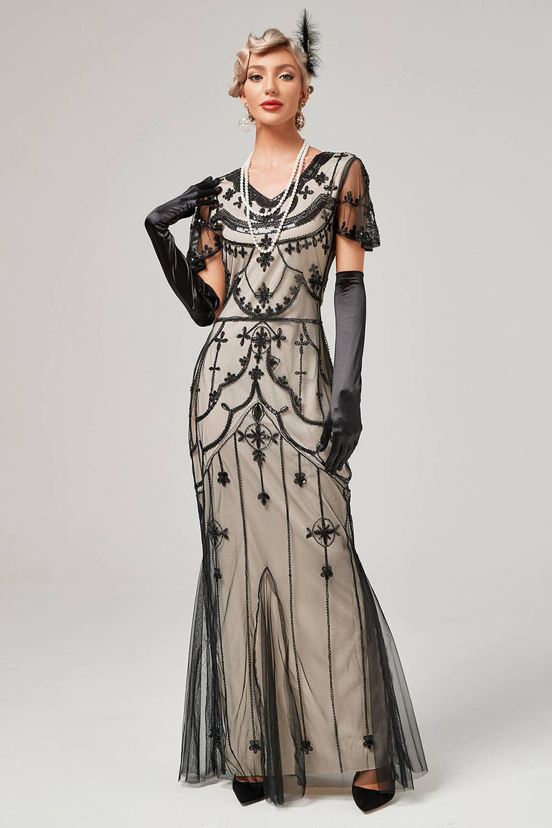 Load image into Gallery viewer, Black Blush Sequins Long 1920s Dress