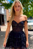 Load image into Gallery viewer, Sparkly Black A-Line Off The Shoulder Tiered Homecoming Dress
