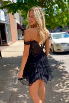 Sparkly Black A-Line Off The Shoulder Tiered Homecoming Dress