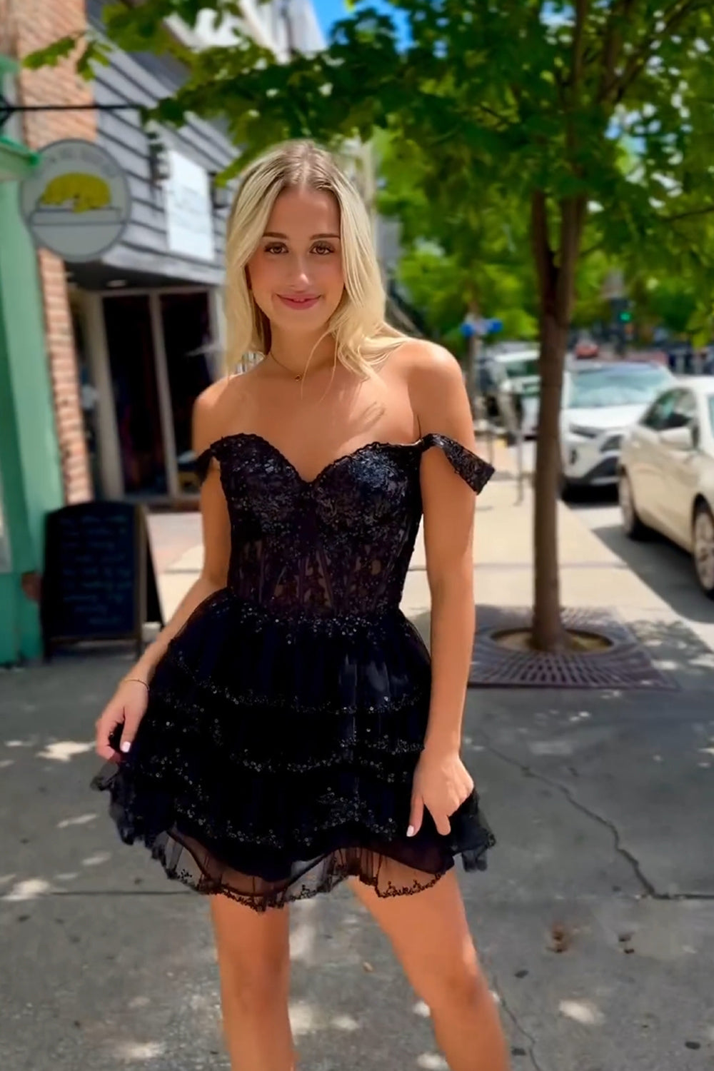 Sparkly Black A-Line Off The Shoulder Tiered Homecoming Dress