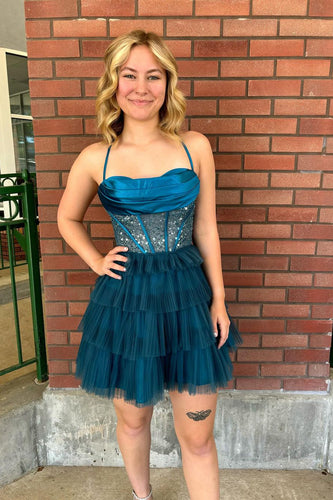Sparkly Peacock Blue A-Line Corset Tiered Homecoming Dress