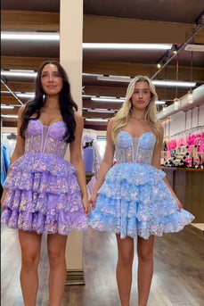 Sparkly A-Line Lilac Spaghetti Straps Corset Homecoming Dress with Sequins