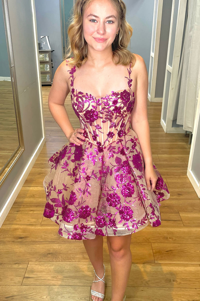 Load image into Gallery viewer, Sparkly A-Line Fuchsia Floral Corset Homecoming Dress with Sequins