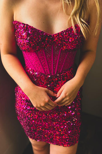 Sparkly Fuchsia Sweetheart Bodycon Homecoming Dress with Sequins