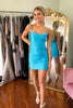 Load image into Gallery viewer, Spaghetti Straps Blue Bodycon Satin Homecoming Dress with Beading