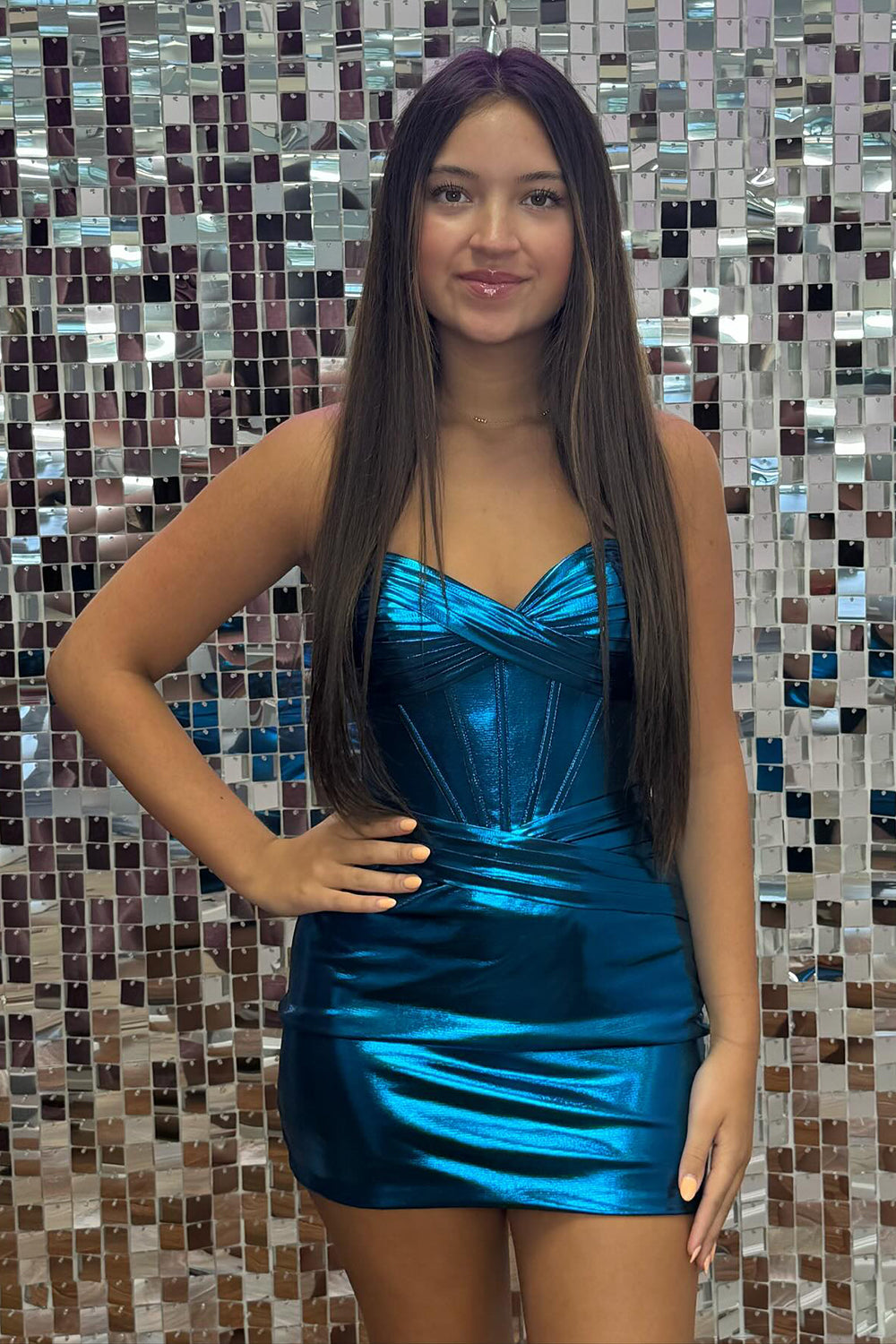 Sparkly Blue Sweetheart Bodycon Corset Homecoming Dress