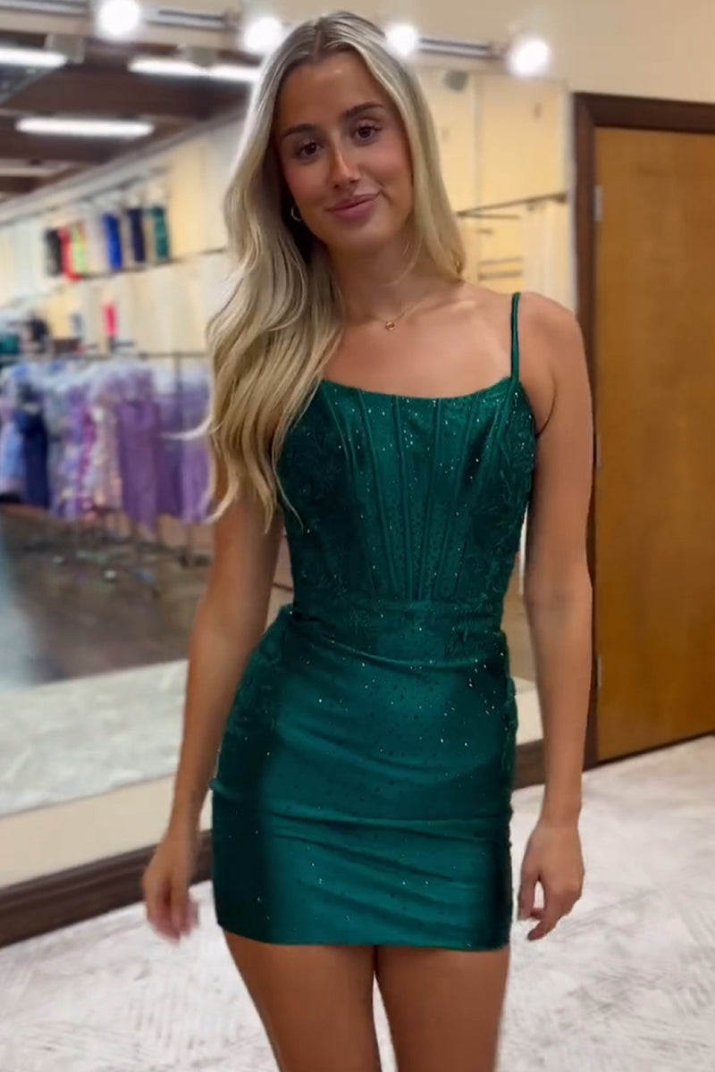Load image into Gallery viewer, Sparkly Dark Green Spaghetti Straps Bodycon Homecoming Dress