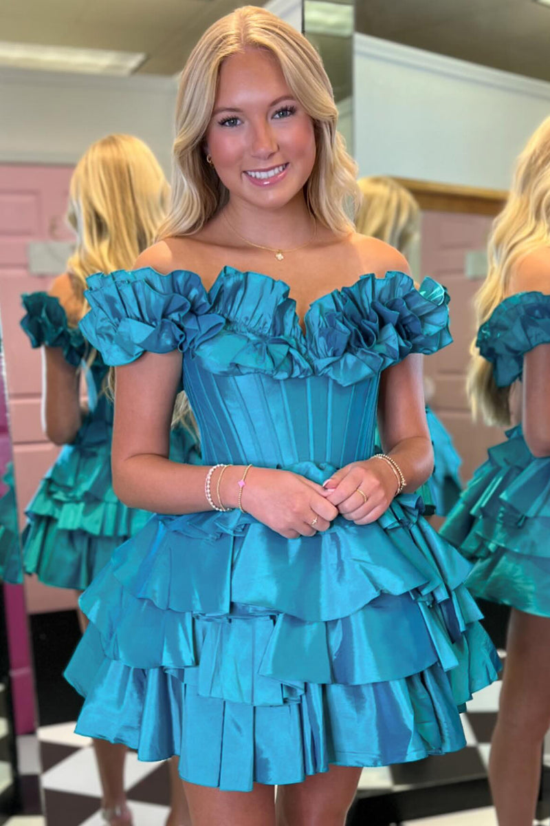 Load image into Gallery viewer, Blue A-Line Off The Shoulder Homecoming Dress with Ruffles