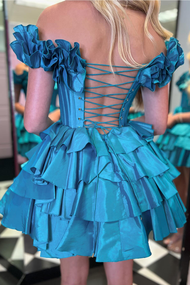 Load image into Gallery viewer, Blue A-Line Off The Shoulder Homecoming Dress with Ruffles