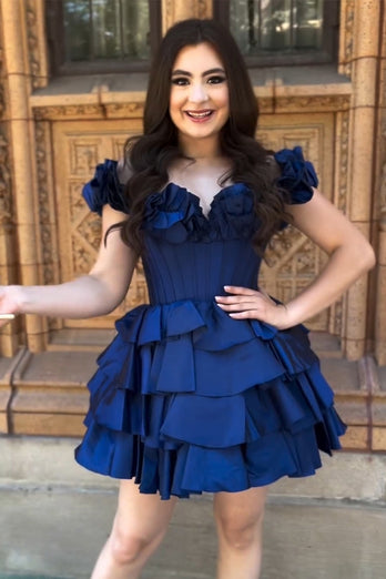 Blue A-Line Off The Shoulder Homecoming Dress with Ruffles