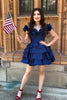 Load image into Gallery viewer, Blue A-Line Off The Shoulder Homecoming Dress with Ruffles