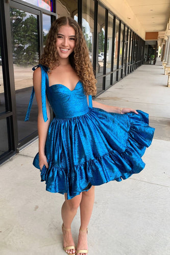 A-Line Blue Adjustable Straps metallic Pleated Short Homecoming Dress