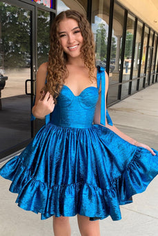 A-Line Blue Adjustable Straps metallic Pleated Short Homecoming Dress