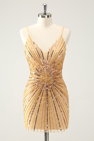 Bodycon Golden Spaghetti Straps Homecoming Dress with Sequins