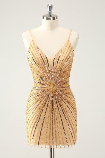 Bodycon Golden Spaghetti Straps Homecoming Dress with Sequins