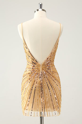 Bodycon Golden Spaghetti Straps Homecoming Dress with Sequins