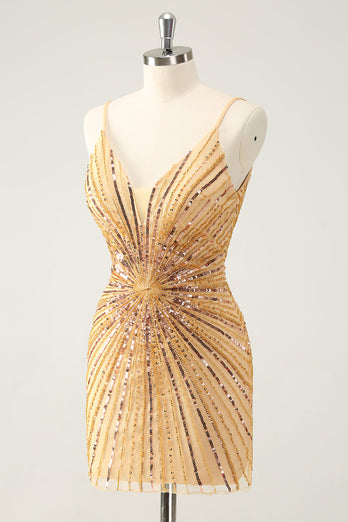 Bodycon Golden Spaghetti Straps Homecoming Dress with Sequins