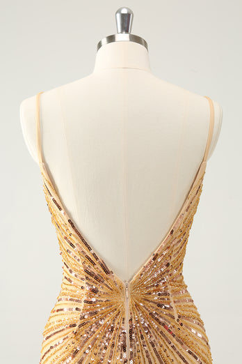 Bodycon Golden Spaghetti Straps Homecoming Dress with Sequins