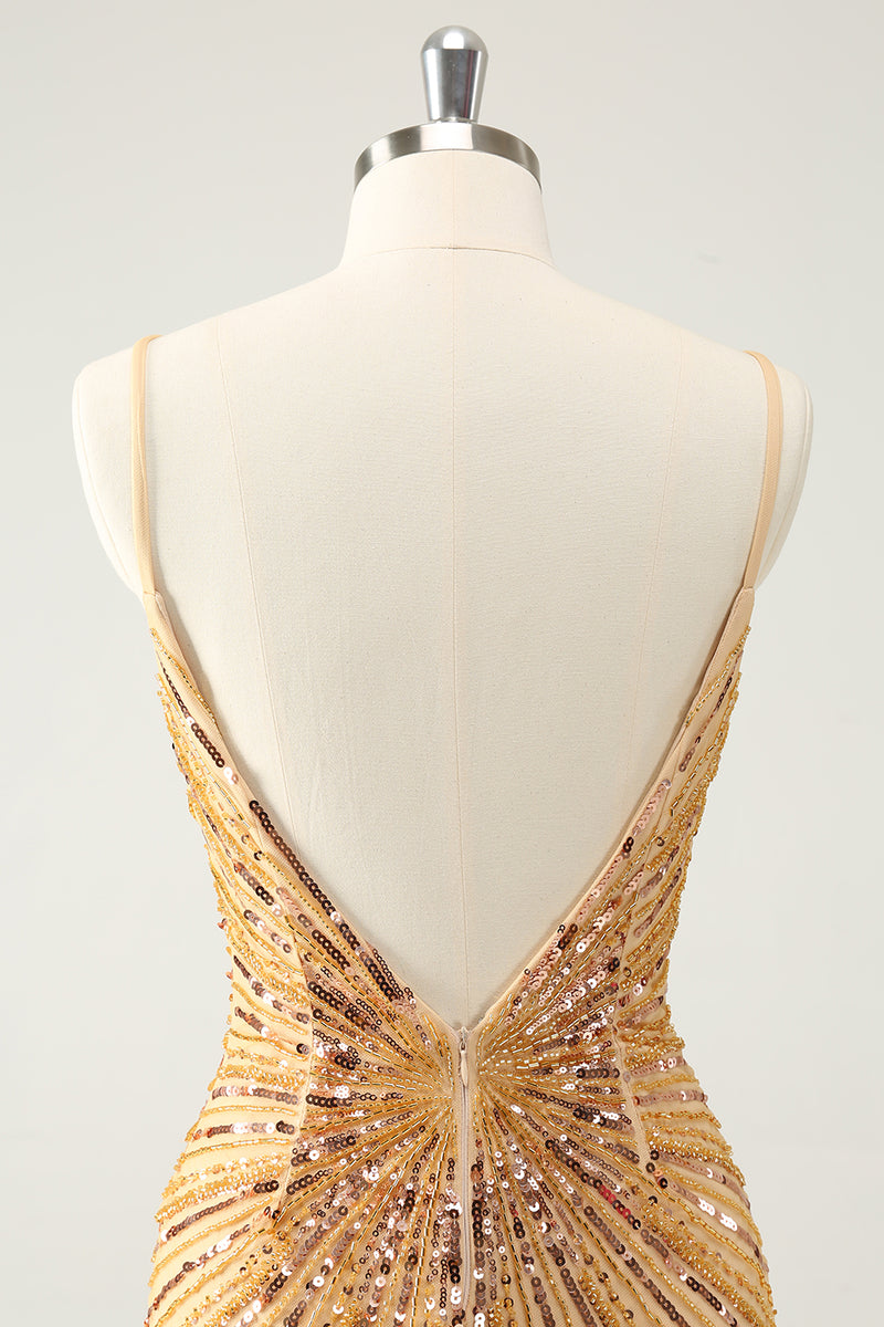Load image into Gallery viewer, Bodycon Golden Spaghetti Straps Homecoming Dress with Sequins