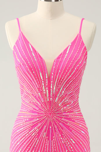 Spaghetti Straps Fuchsia Bodycon Homecoming Dress with Sequins