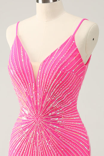 Spaghetti Straps Fuchsia Bodycon Homecoming Dress with Sequins