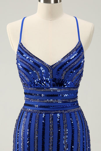 Royal Blue Spaghetti Straps Bodycon Homecoming Dress with Sequins