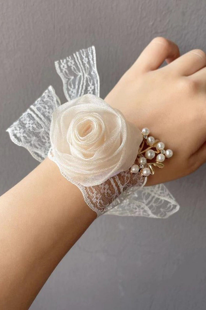 Load image into Gallery viewer, Champagne Pearl Prom Wrist Corsage with Lace Ribbon