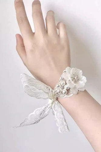 White Flower Pearl Prom Wrist Corsage with Lace Ribbon