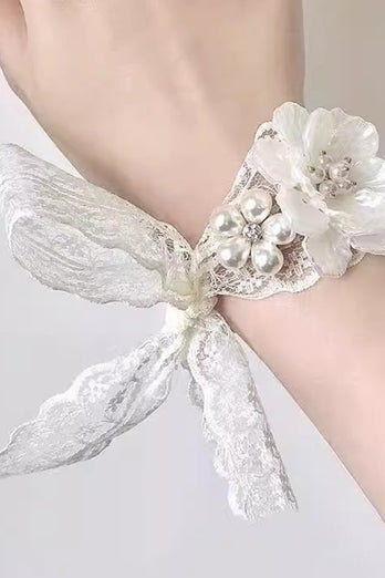 White Flower Pearl Prom Wrist Corsage with Lace Ribbon