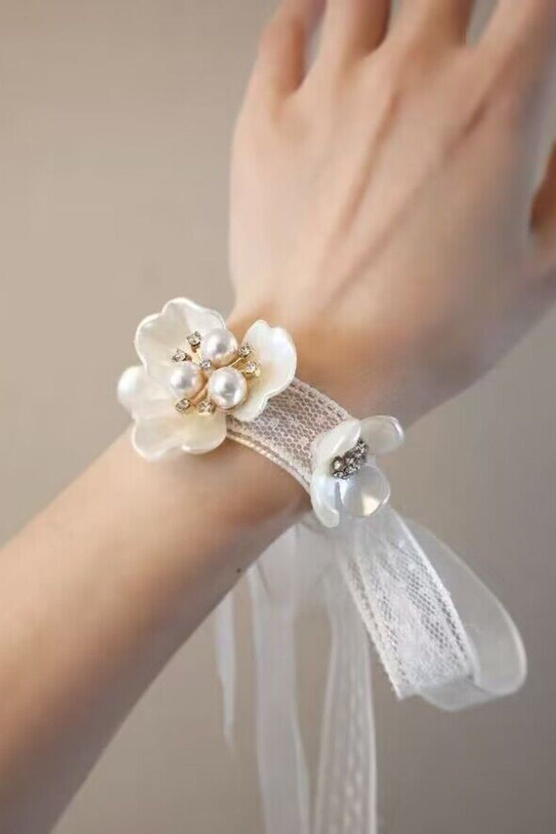 Load image into Gallery viewer, White Ceramic Petal Porm Wrist Corsage with Pearls