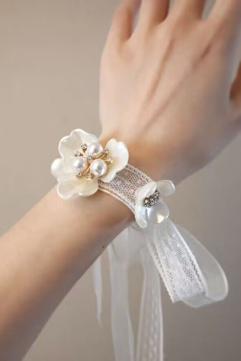 White Ceramic Petal Porm Wrist Corsage with Pearls