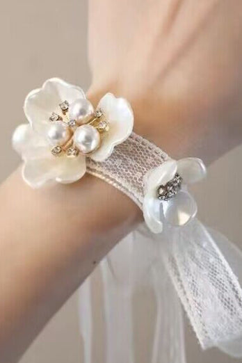 White Ceramic Petal Porm Wrist Corsage with Pearls