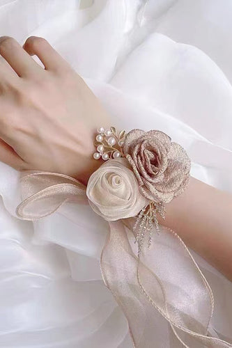 Champage Two Flower Prom wrist Corsage with Pearls