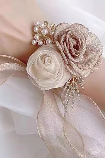 Champage Two Flower Prom wrist Corsage with Pearls