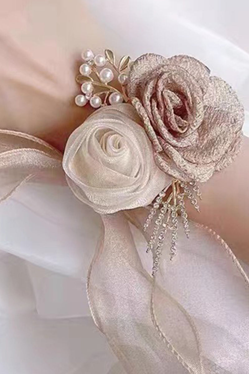 Load image into Gallery viewer, Champage Two Flower Prom wrist Corsage with Pearls