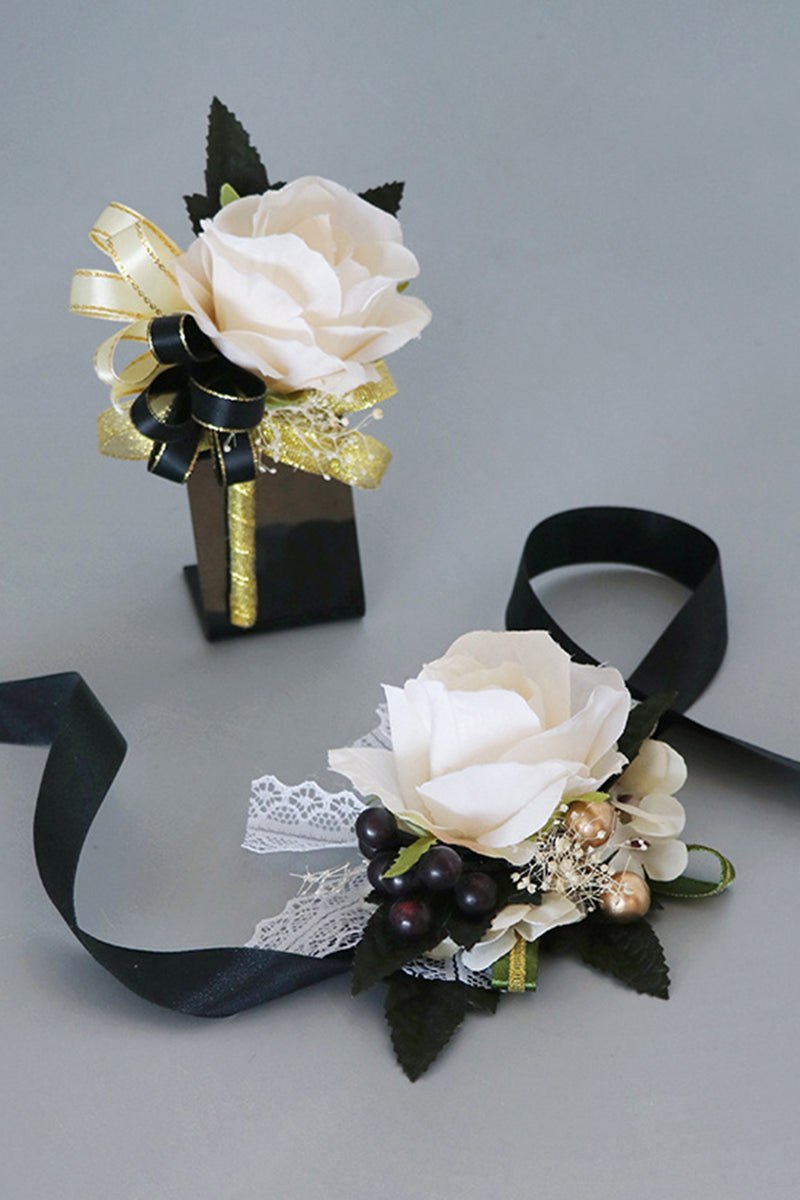 Load image into Gallery viewer, Elegant Black and White Prom Wrist Corsage &amp; Men&#39;s Boutonniere Set