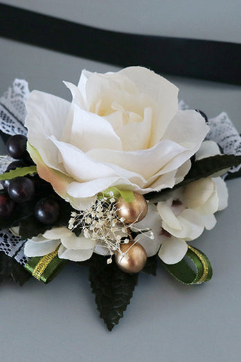 Elegant Black and White Prom Wrist Corsage & Men's Boutonniere Set