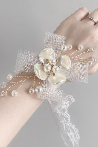 White Ceramic Flower Pearl Prom Wrist Corsage with Lace Ribbon