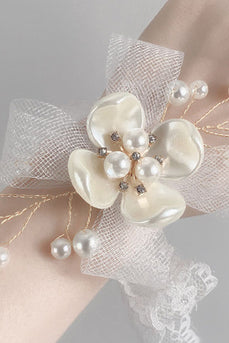 White Ceramic Flower Pearl Prom Wrist Corsage with Lace Ribbon