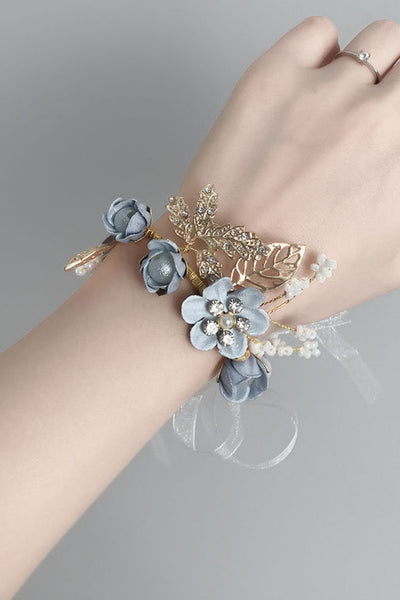 Delicate Blue Prom Wrist Corsage with Rhinestones